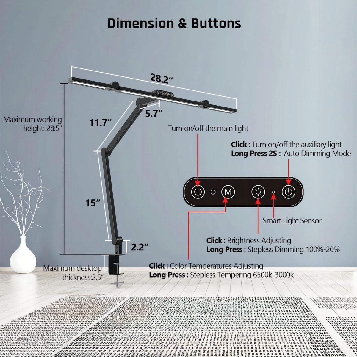 Ergoworks Desktop Light Black 360 Adjustable Desk Lamp with Remote Control Ergoworks