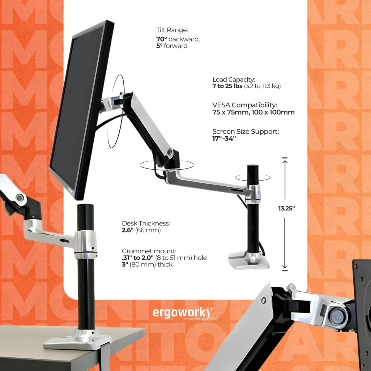 ERGOTRON Monitor Arm LX Desk Mount LCD Monitor Arm, Tall Pole Ergoworks