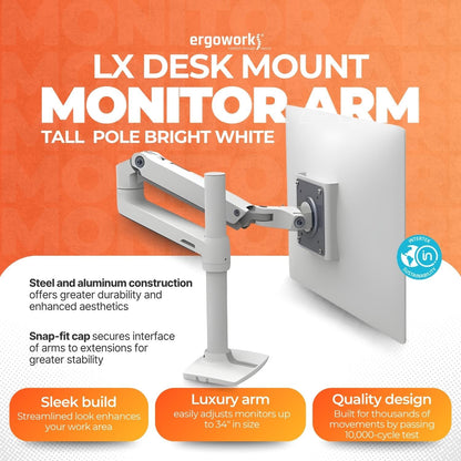 ERGOTRON Monitor Arm LX Desk Mount Monitor Arm, Tall Pole, Bright White Texture Ergoworks