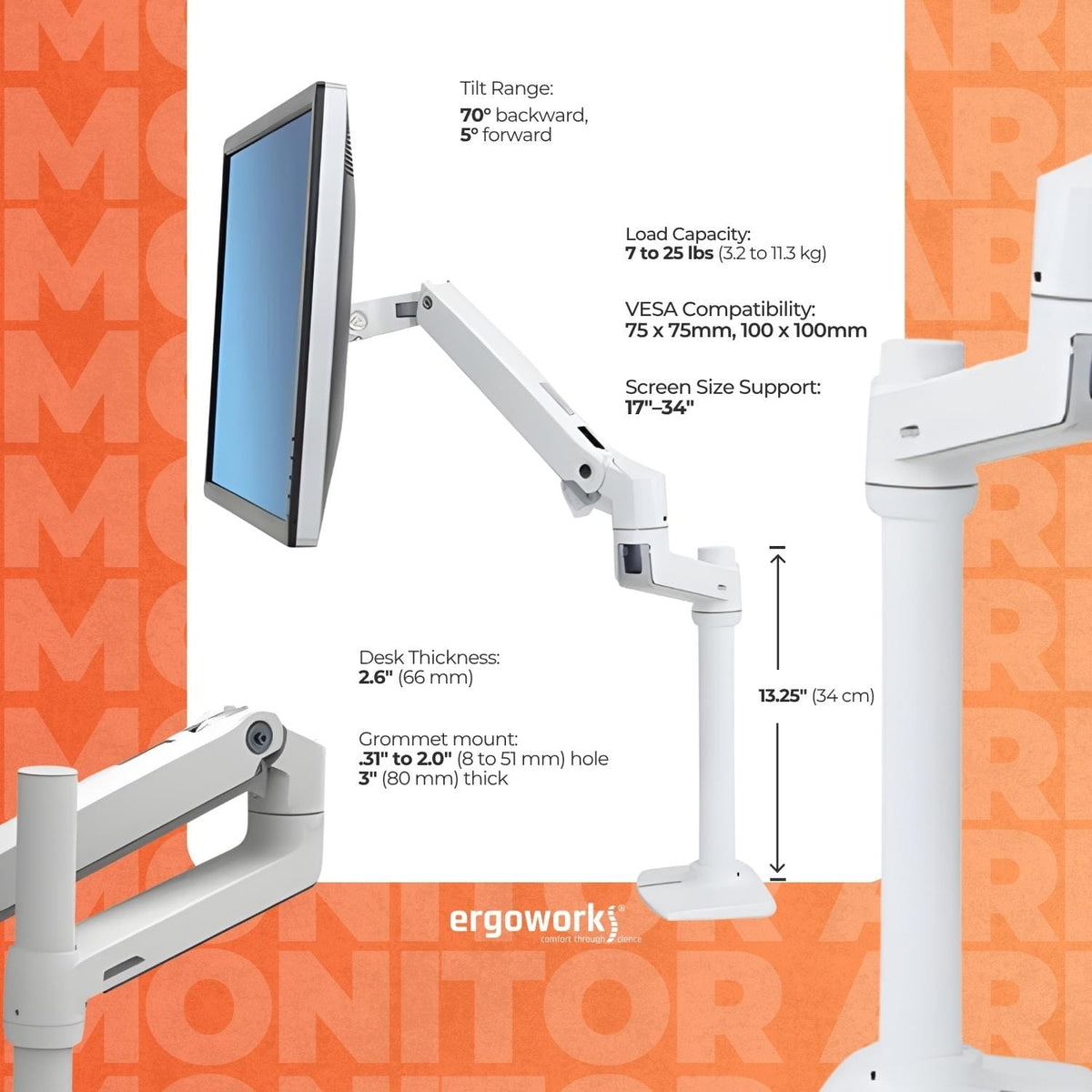 ERGOTRON Monitor Arm LX Desk Mount Monitor Arm, Tall Pole, Bright White Texture Ergoworks