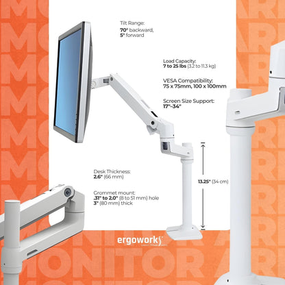 ERGOTRON Monitor Arm LX Desk Mount Monitor Arm, Tall Pole, Bright White Texture Ergoworks