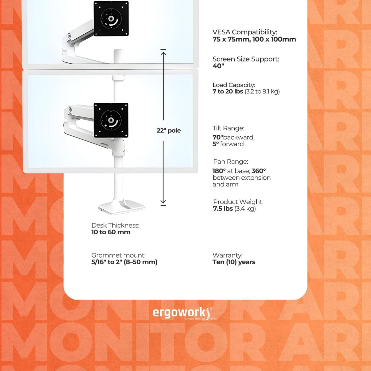 ERGOTRON Monitor Arm LX Dual Stacking Monitor Arm, Tall Pole (white) Ergoworks