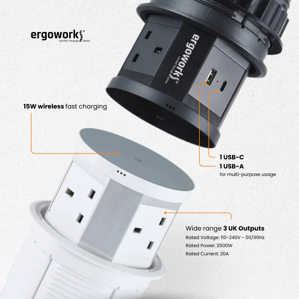 Pneumatic Desk Grommet Pop Up Power Outlet With 15W Wireless Charger