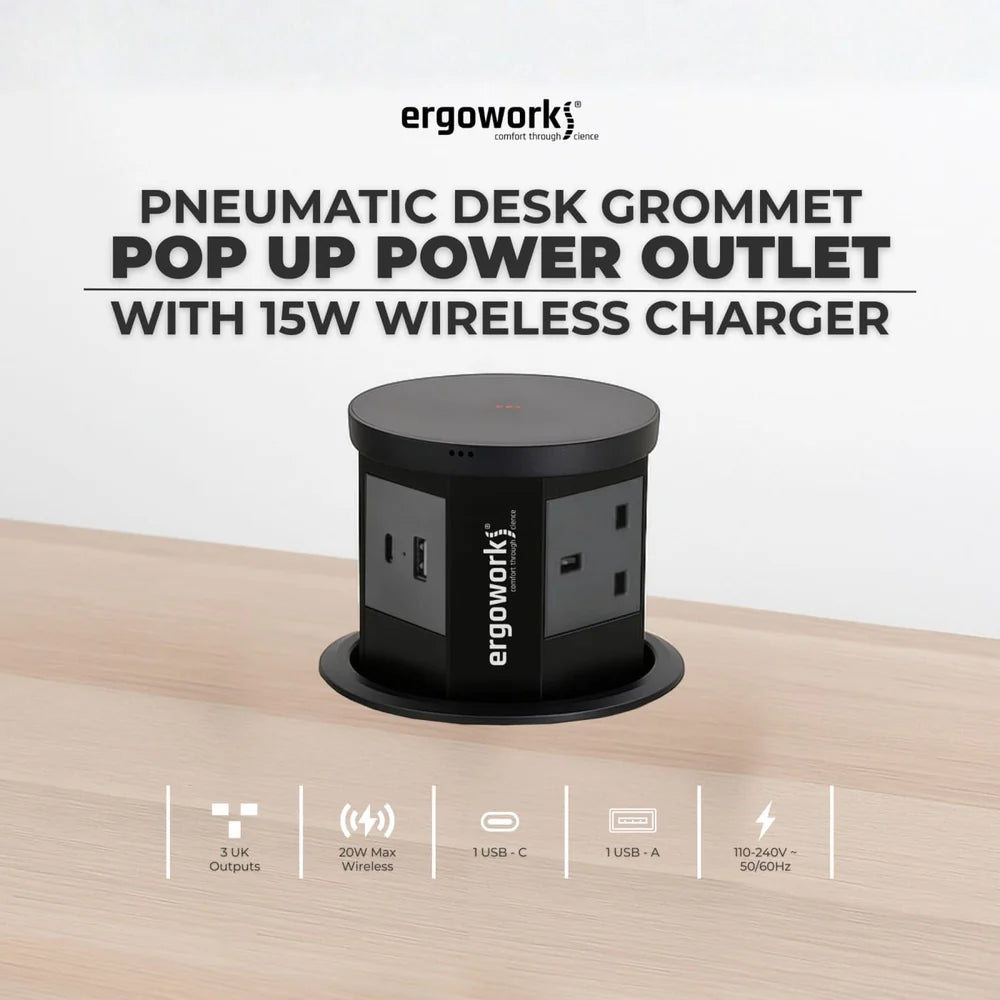 Pneumatic Desk Grommet Pop Up Power Outlet With 15W Wireless Charger