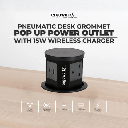 Pneumatic Desk Grommet Pop Up Power Outlet With 15W Wireless Charger