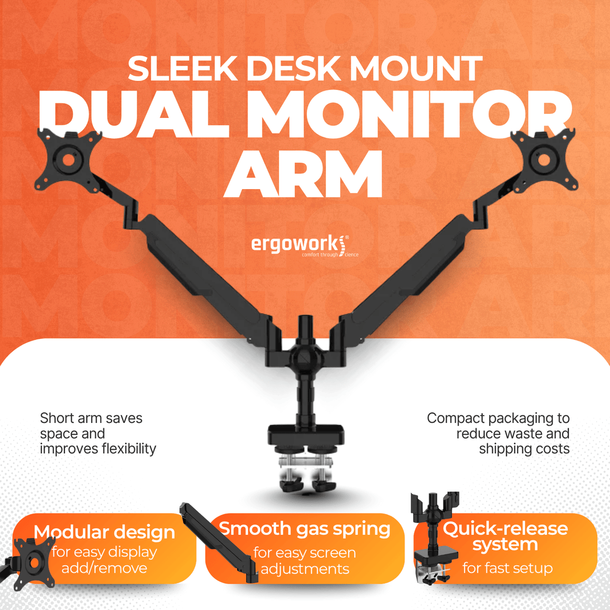 Ergoworks Monitor Arm Black Sleek Desk Mount Dual Monitor Arm Ergoworks