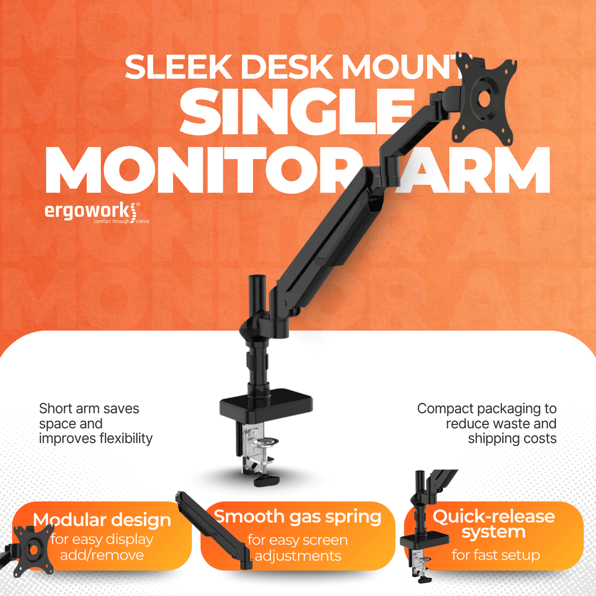 Ergoworks Monitor Arm Black Sleek Desk Mount Single Monitor Arm Ergoworks