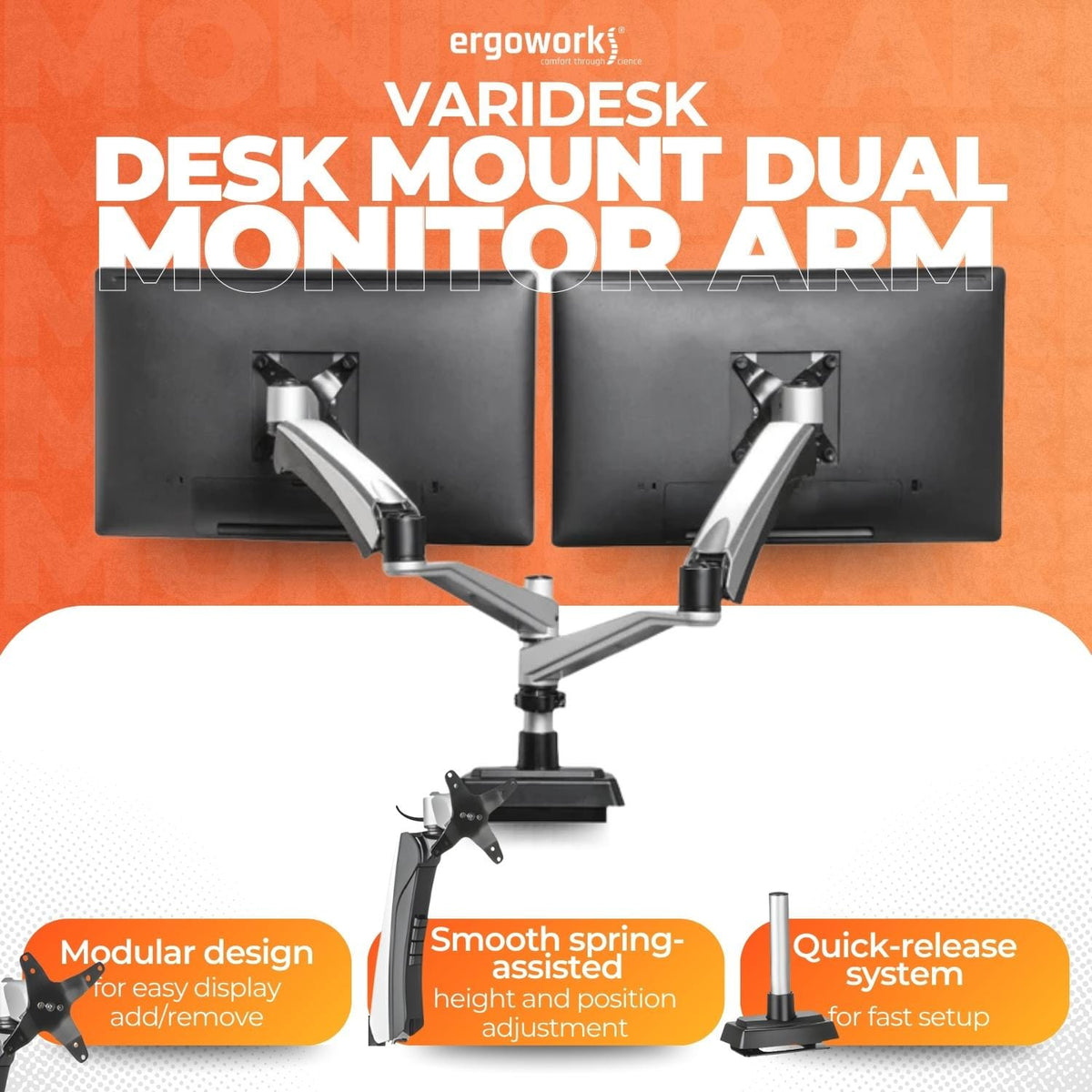 VARIDESK Monitor Arm Silver Varidesk Desk Mount Dual Monitor Arm Ergoworks