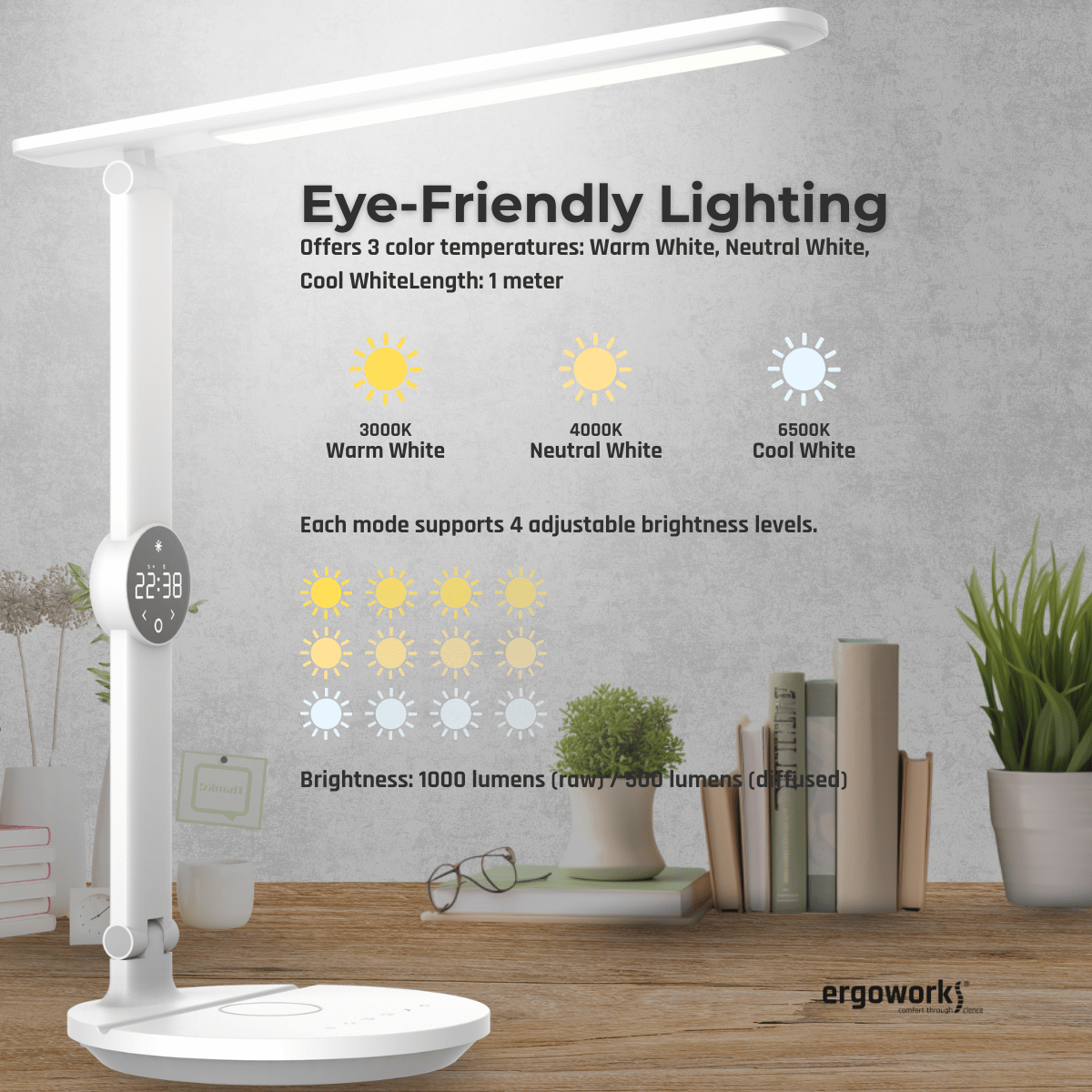 Ergoworks Desktop Light Ergo Eye Care Led Desk Lamp with Qi Charger & Digital Clock Ergoworks