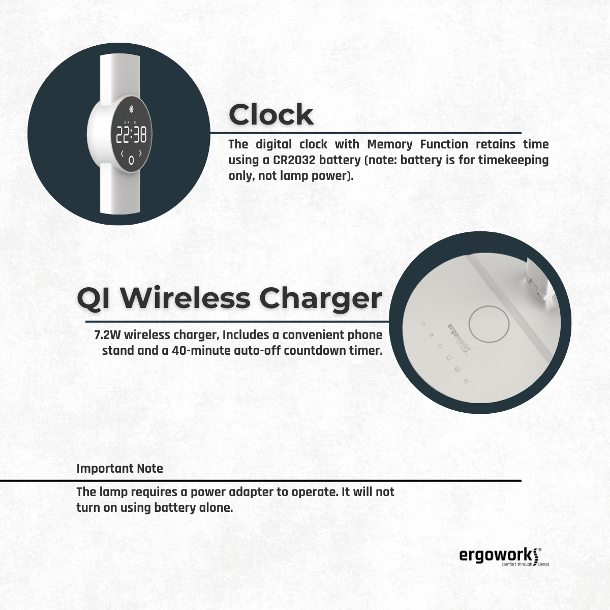 Ergoworks Desktop Light Ergo Eye Care Led Desk Lamp with Qi Charger & Digital Clock Ergoworks