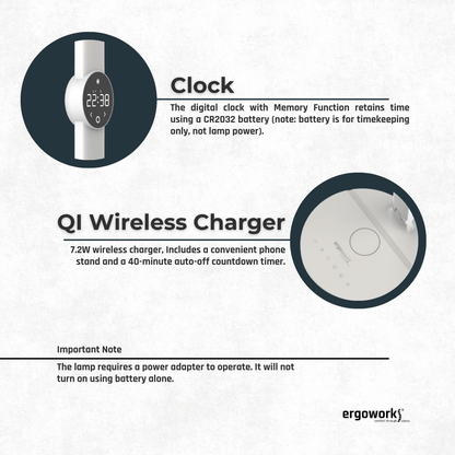 Ergoworks Desktop Light Ergo Eye Care Led Desk Lamp with Qi Charger & Digital Clock Ergoworks